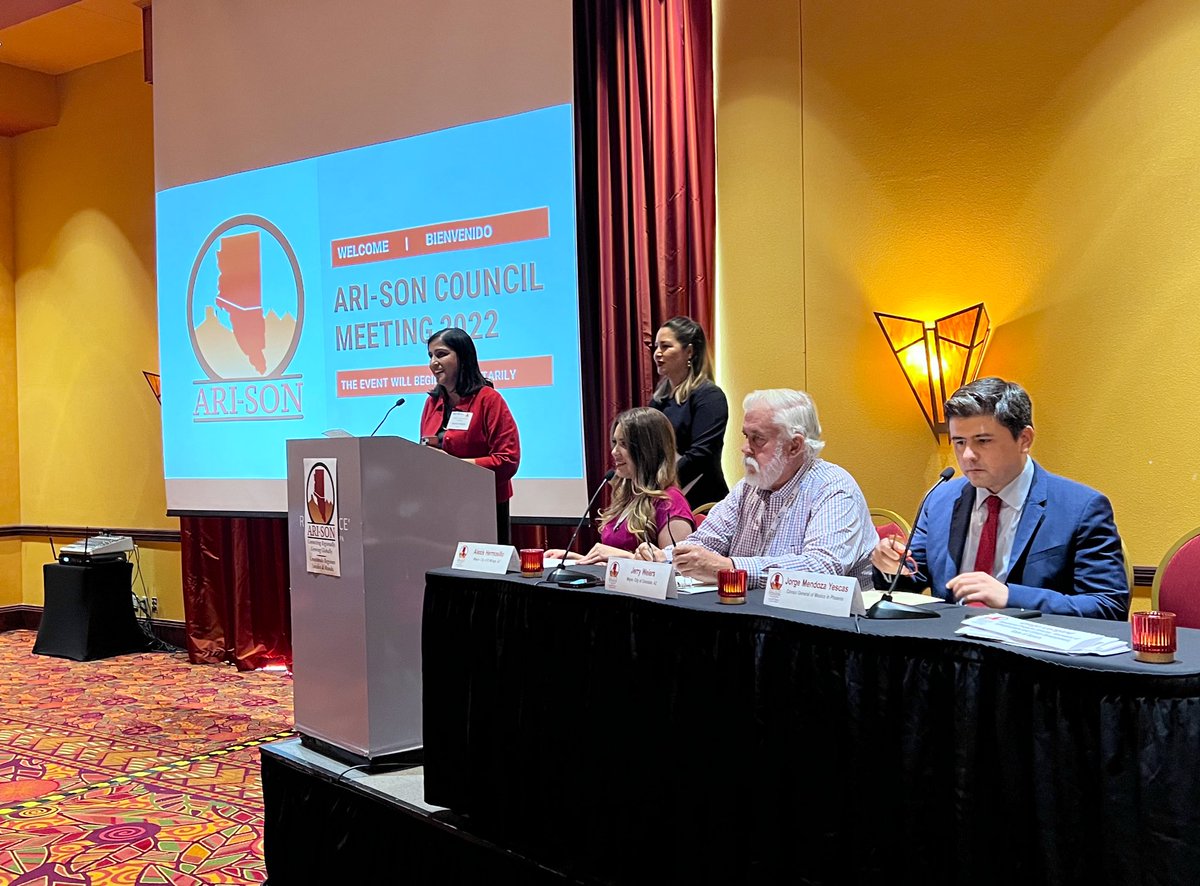 ElMirageArizona's tweet photo. 🎊Hola! Ari-Son Council Meetings strengthen strategic cross-border economic development ↔️ Arizona &amp; Sonora. 💼🧳🛣🏗📈Mayor Hermosillo served as panelist and emcee today. Engaging discussion among stakeholders!  @MAGregion @AzCities #LACT22 #AriSon2022
https://t.co/ujl1QOWAqD https://t.co/zsWQLgOcoh