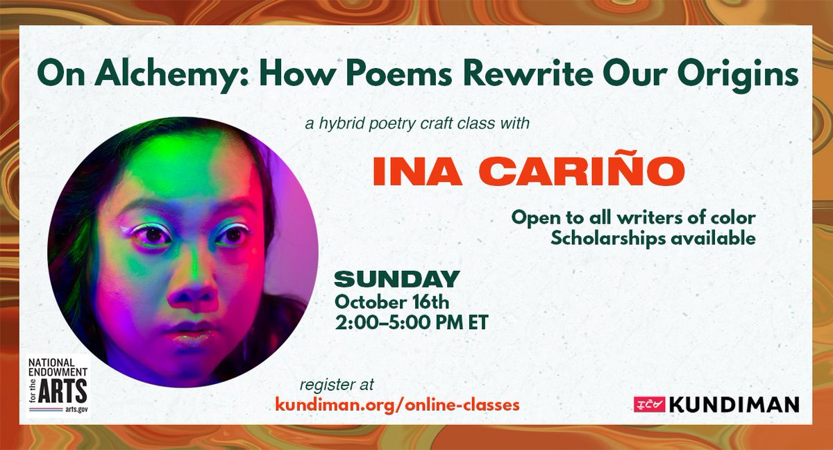 kundimanforever's tweet image. Origin stories are integral to the identities of those who live in a diaspora. In @Ina_carino’s hybrid poetry craft class, writers will learn how to interrogate origin stories together. 

Sunday, October 16th, 2:00–5:00pm ET. Open to writers of color. 

kundiman.org/on-alchemy