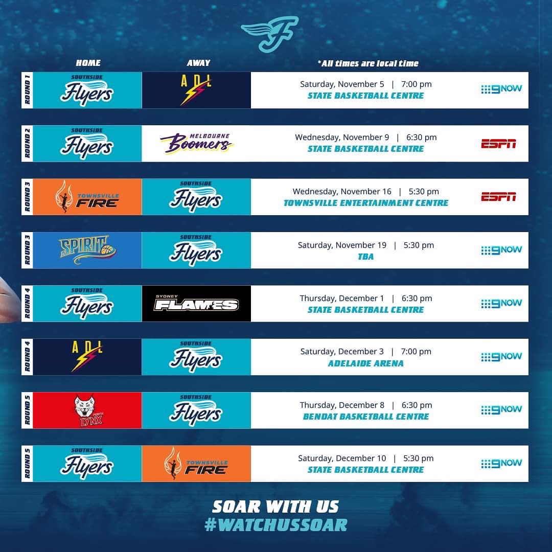 SouthsideFlyers's tweet photo. It’s time to watch us SOAR‼️🚨

!!! 22/23 WNBL Season Fixture is here !!! 🗓👀

Keep your schedule free to make sure you catch all the action this upcoming season.

The countdown is on and we can’t wait to see you all in person!!! 💙

#SoarWithUs #GoFlyers #WNBL22 https://t.co/xo6l7g8NlG