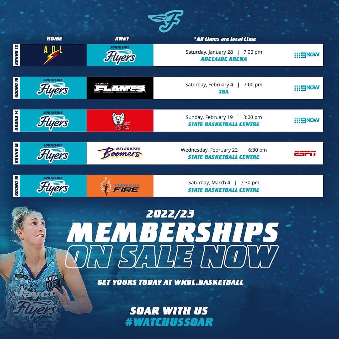 SouthsideFlyers's tweet photo. It’s time to watch us SOAR‼️🚨

!!! 22/23 WNBL Season Fixture is here !!! 🗓👀

Keep your schedule free to make sure you catch all the action this upcoming season.

The countdown is on and we can’t wait to see you all in person!!! 💙

#SoarWithUs #GoFlyers #WNBL22 https://t.co/xo6l7g8NlG