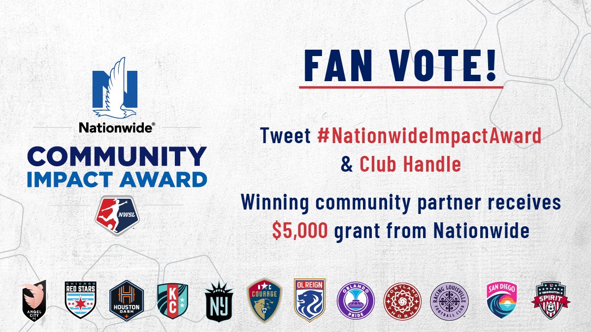 NWSL's tweet photo. Score an extra $5,000 for your favorite club's community partner through the month-long fan vote!

Tweet #NationwideImpactAward &amp; your club's handle to vote.

Program details: https://t.co/WoTmLjY3yA https://t.co/TEjL3co2t1