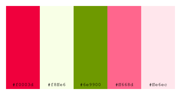 ColPaletteBot's tweet photo. Beep beep, here's a pretty color palette for you!
color-scheme.js parameters used:
- hue: 141
- variation: hard
- colors: #f0003d, #f8ffe6, #6e9900, #ff668d, #ffe6ec
Have a lovely evening!
#twitterbot #colorpalette #colors #palette #prettycolors https://t.co/mmCqUhKHXH