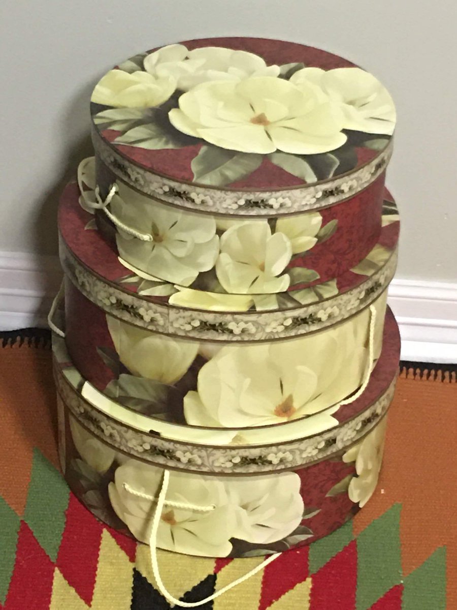 OWTShop's tweet photo. Excited to share this item from my #etsy shop: Vintage Large Round Red &amp; Yellow Floral Hat Box Set/Papier-mâché Keepsake Box Set/Magnolia/Eco Craft/Ephemera Keeper/Set of 3 #craftsbox #floralbox #hatbox #papermachehatbox #keepsakeboxset https://t.co/9jjpcFzAND https://t.co/xJNESEwuLs