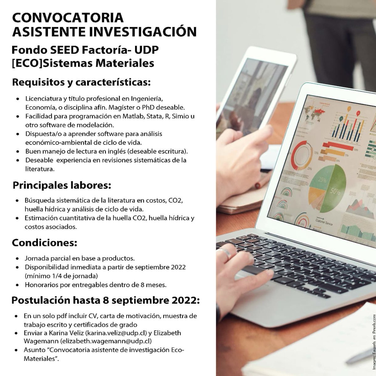 Convocatoria Asistente de Investigación UDP proyecto [ECO]Sistemas Materiales: Exploraciones Basadas e Inspiradas en la Naturaleza para Mejorar el Entorno Construido para integrarse al equipo de Karina Veliz (Ing. Civil Industrial) y Elizabeth Wagemann (Arquitectura) Cierre 08/09