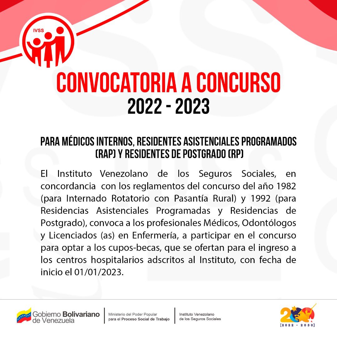 Convocamos a todas y todos los profesionales, técnicos y estudiantes del área de salud, a participar en el Concurso Médico año 2022-2023, revisa el instructivo y participa! 
bit.ly/3RhL4ve

#JuntosPorCadaLatido ❤️

<a href="/ConCiliaFlores/">Cilia Flores</a> <a href="/NicolasMaduro/">Nicolás Maduro</a> <a href="/Somosivss/">Instituto Venezolano de los Seguros Sociales</a> <a href="/MinSaludVE/">MPPSalud</a>