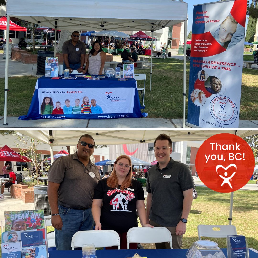 KernCASA's tweet photo. We had such a great time at the Student Involvement Festival at Bakersfield College Thank you Advocates Deric &amp; Catherine, Supervisor Rebecka, &amp; Board Member Nate for telling BC students all about the work CASA does to help the foster youth of Kern County. You guys rock! https://t.co/ds5of1rmkv