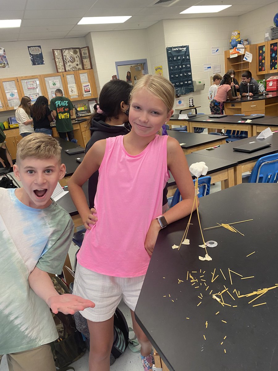 HFallica's tweet photo. Who can build the tallest tower using only 3 materials: spaghetti, tape, and a piece of string? These 7th graders were up for the challenge! 😎 https://t.co/YJzABDmgWK