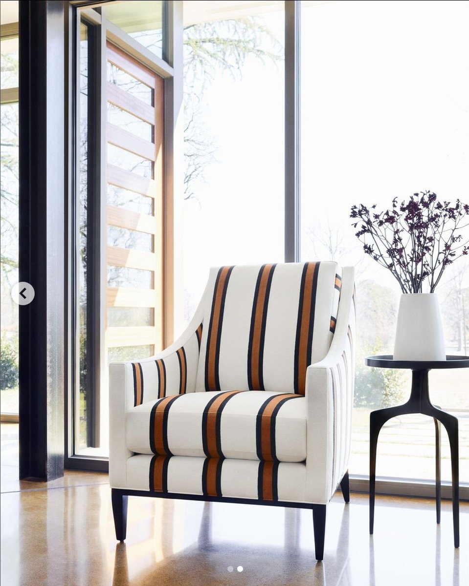 PatrickStDesign's tweet photo. Meet Abito Stripe: Clean and tailored yet bold and graphic with an impeccably soft hand. Available in 6 colors.  #thibaut_1886 @patrickstreetinteriors #frederickmd #stripedfabric #customreupholstery #classiclines https://t.co/kV8zttFXfP