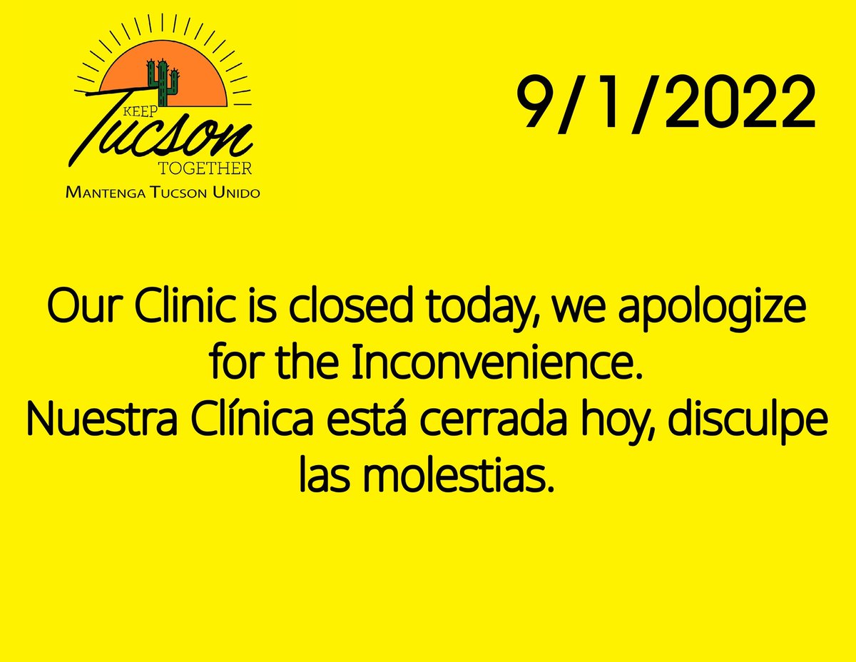 keep_tucson's tweet photo. Due to unseen circumstances clinic is closed today, we apologize for any inconvenience. We will have clinic next week.
~~~~~~~~~
Debido a circunstancias imprevistas, la clínica está cerrada hoy, lamentamos las molestias. Tendremos clínica la próxima semana. https://t.co/WsSQGS4l2f
