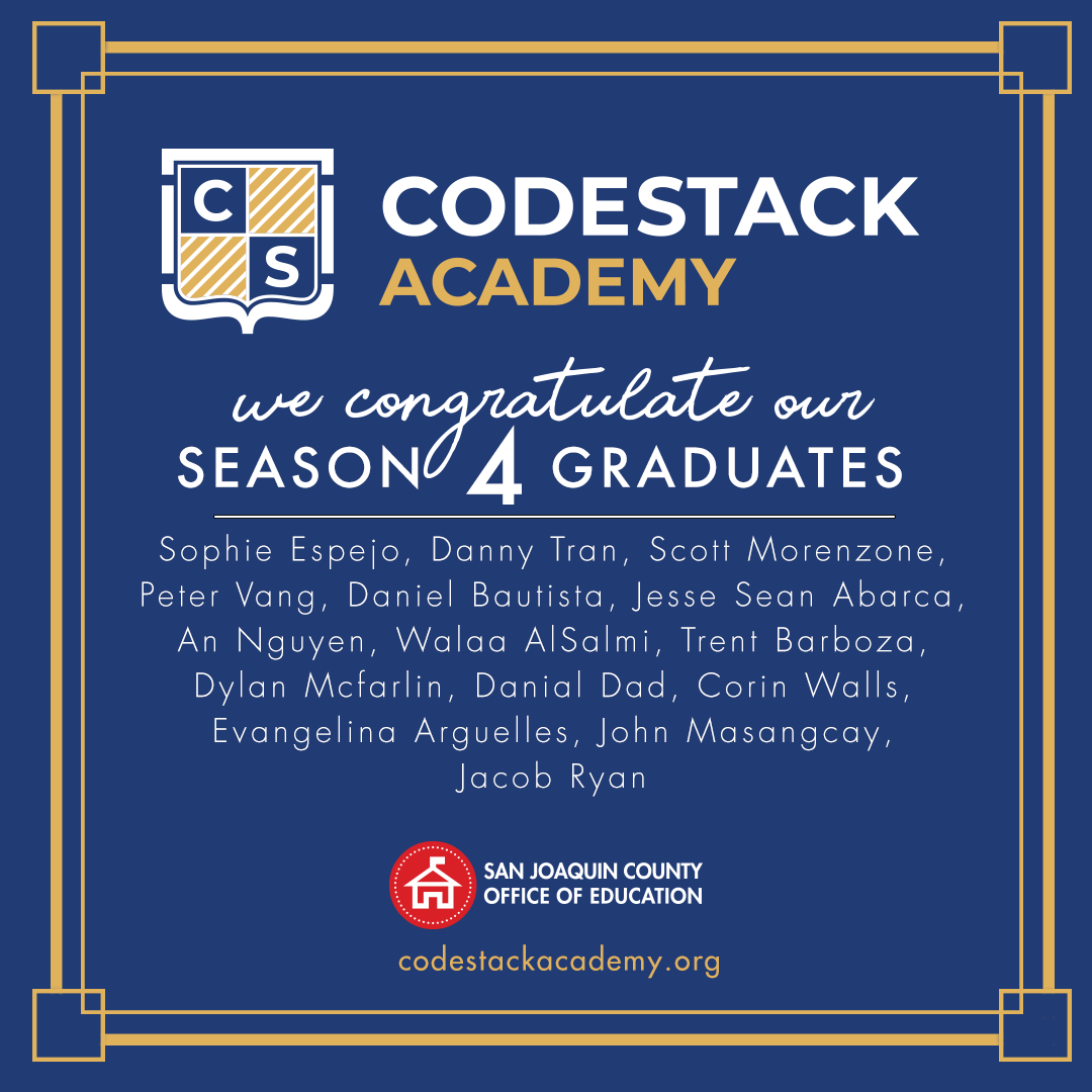 CodeStackStkn's tweet image. Congratulations Graduating CodeStack Academy Software Engineers! Twelve months ago, our graduates began a journey with the goal of becoming Software Engineers. Today they have achieved that goal! #CodeStackAcademy #SJCOE #Coding #ClassOf2022 #LaunchingCareers #ChangingLives