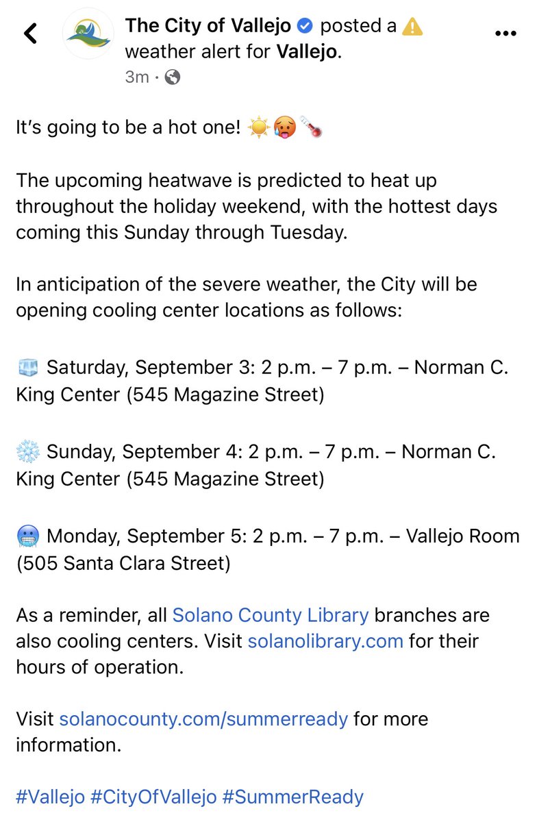 BREAKING: The city of Vallejo announced it will be opening cooling centers during the upcoming heat wave.