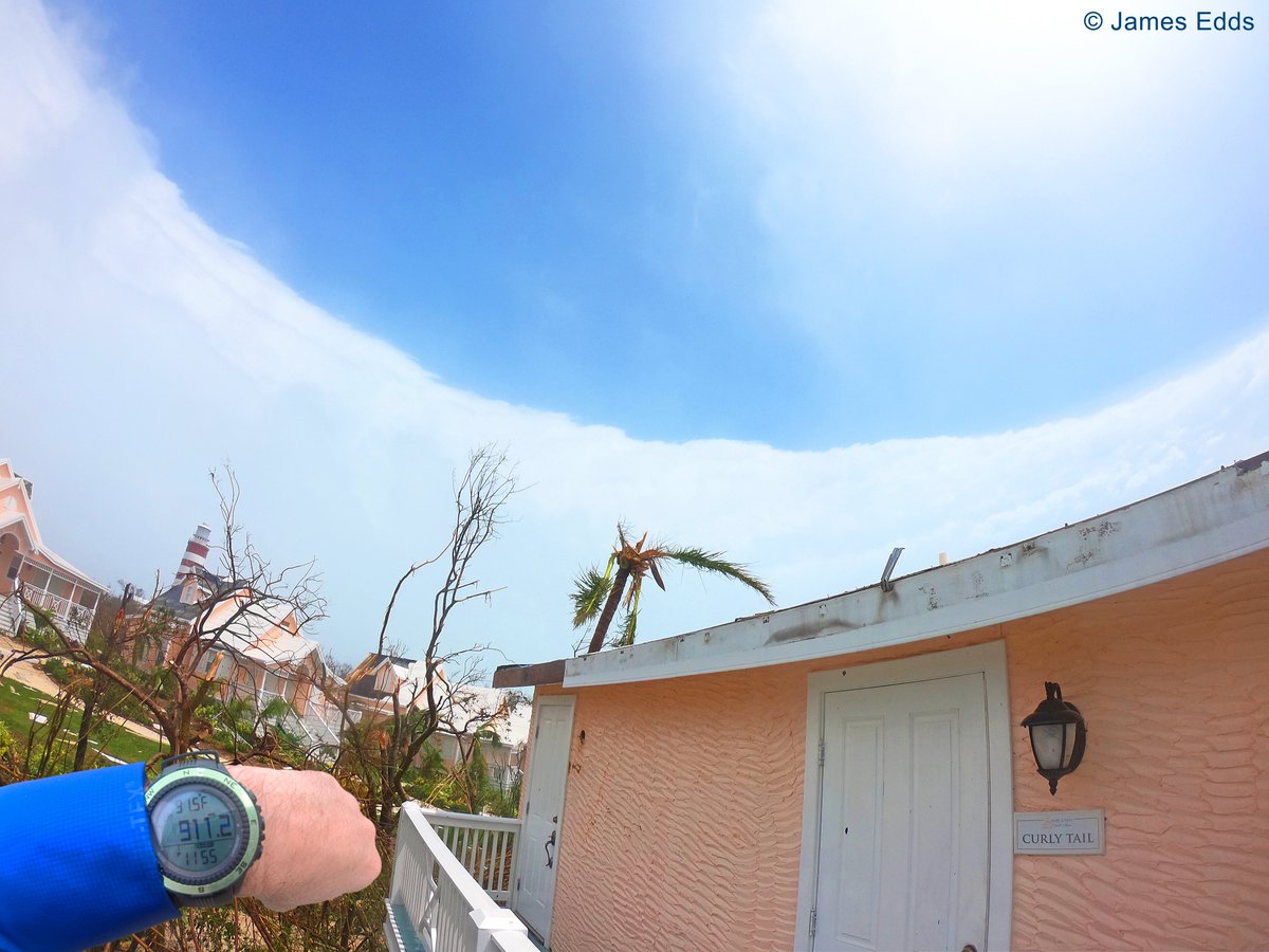I was filming damage during the #Dorian eye then looked up to see this: never thought I'd see a blue sky eye in this business, it was surreal #Hurricanedorian @GoPro