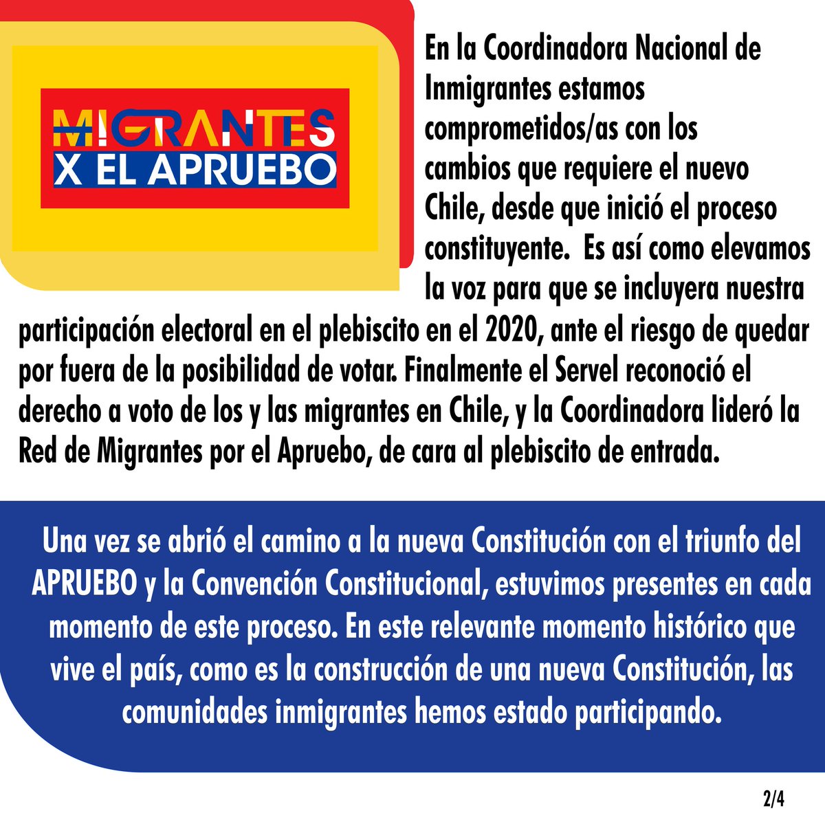 MigrantesChile's tweet photo. #migrantesporelapruebo 📢
CON LA ESPERANZA, SIN PREJUICIOS, NI MIEDOS, LAS PERSONAS MIGRANTES VOTAMOS #APRUEBO, 🗳ESTE 4 DE SEPTIEMBRE 📮[Comunicado | Coordinadora Nacional de Inmigrantes de Chile] 
#NuevaConstitución #PlebiscitoDeSalida #migrantesxelapruebo #Chile #VotoMigrante https://t.co/kpa4DY2quV