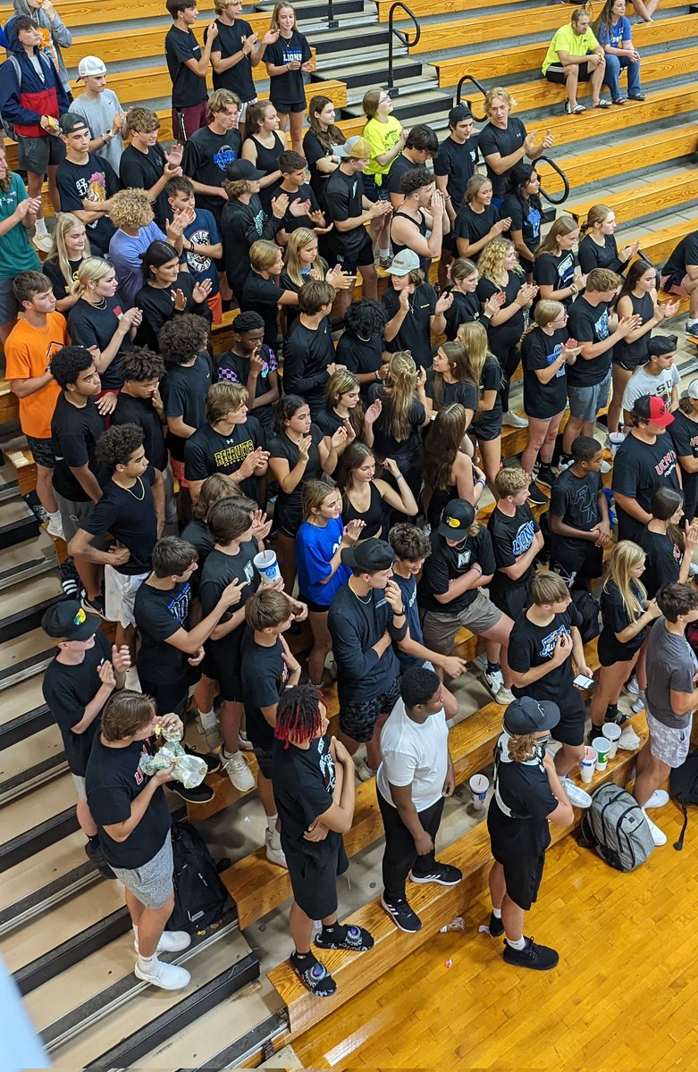 nhs_dotson's tweet photo. Special guest announcer "Carter With Sports" leads over 100 Northwest lions tonight in the student section at varsity volleyball. Look at that support! Let's go Lions!!#nhslions https://t.co/V3YuQE2VDe