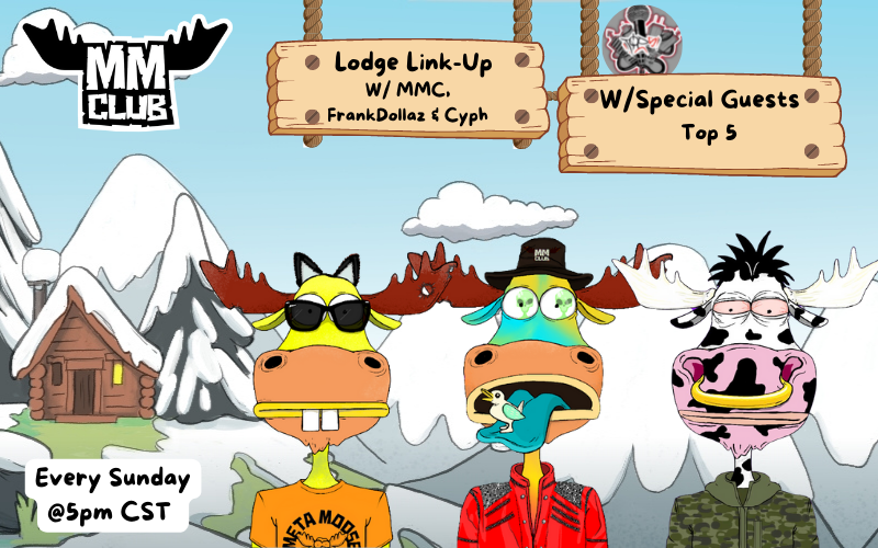 Meta_Moose_Club's tweet photo. Don't forget, this Sunday we will be live at the lodge with @ProperTop5ive for Ep.8 of Lodge Link-up! 

Join us for some good vibes and #NFTGiveaways!

Set your reminder below:
https://t.co/BxssZcO44P https://t.co/GhjNDB967J