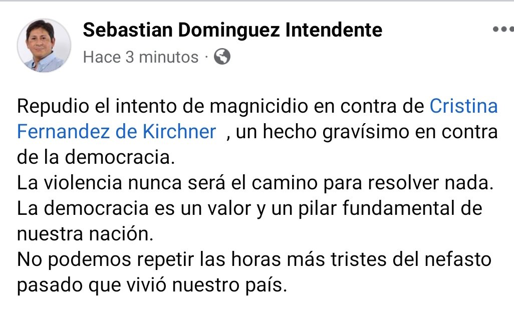 SDominguezok's tweet photo. Mi repudió ante el intento de magnicidio sufrido por @CFKArgentina https://t.co/TNZngZdOoN