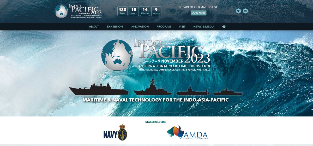 Be sure to visit our new-look #IndoPacific2023 website and take note of the countdown, only 430 days to go until the region's naval defence and maritime communities come together once again in Sydney!

Indo Pacific 2023, 7-9 November: indopacificexpo.com.au