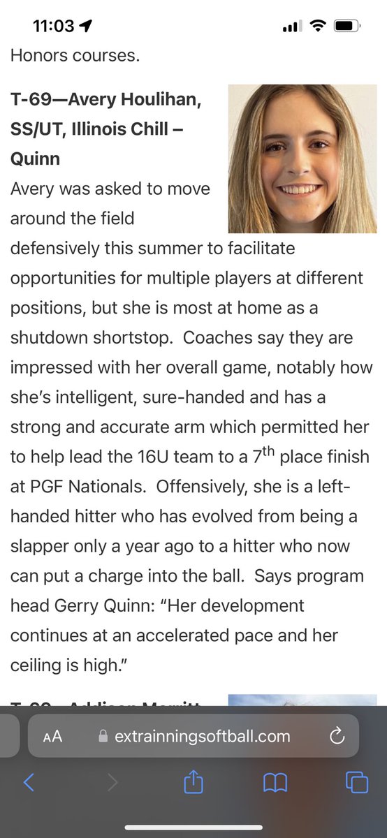 ILChillGold's tweet photo. Congrats to our Avery Houlihan for being ranked #69 in the ⁦@ExtraInningSB⁩ Top 100 for the Class of 2024! https://t.co/1FkGKOE3eF