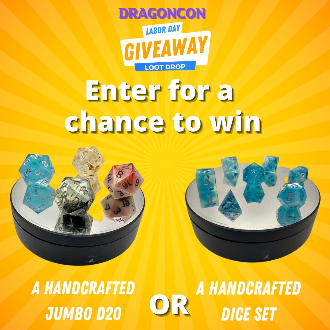 DICE GIVEAWAY!!!

It’s #dragoncon and we’re having a Raffle to celebrate! 

Check out our Linktree for a chance to win a Handmade Jumbo D20 or Full Set by <a href="/battlebarddice/">Michael The Battle Bard</a> 

Raffle ends Monday, Sept 5! 

#ttrpgfamily #ttrpg #DnD #Giveaway #dragoncon2022 #dice #raffle