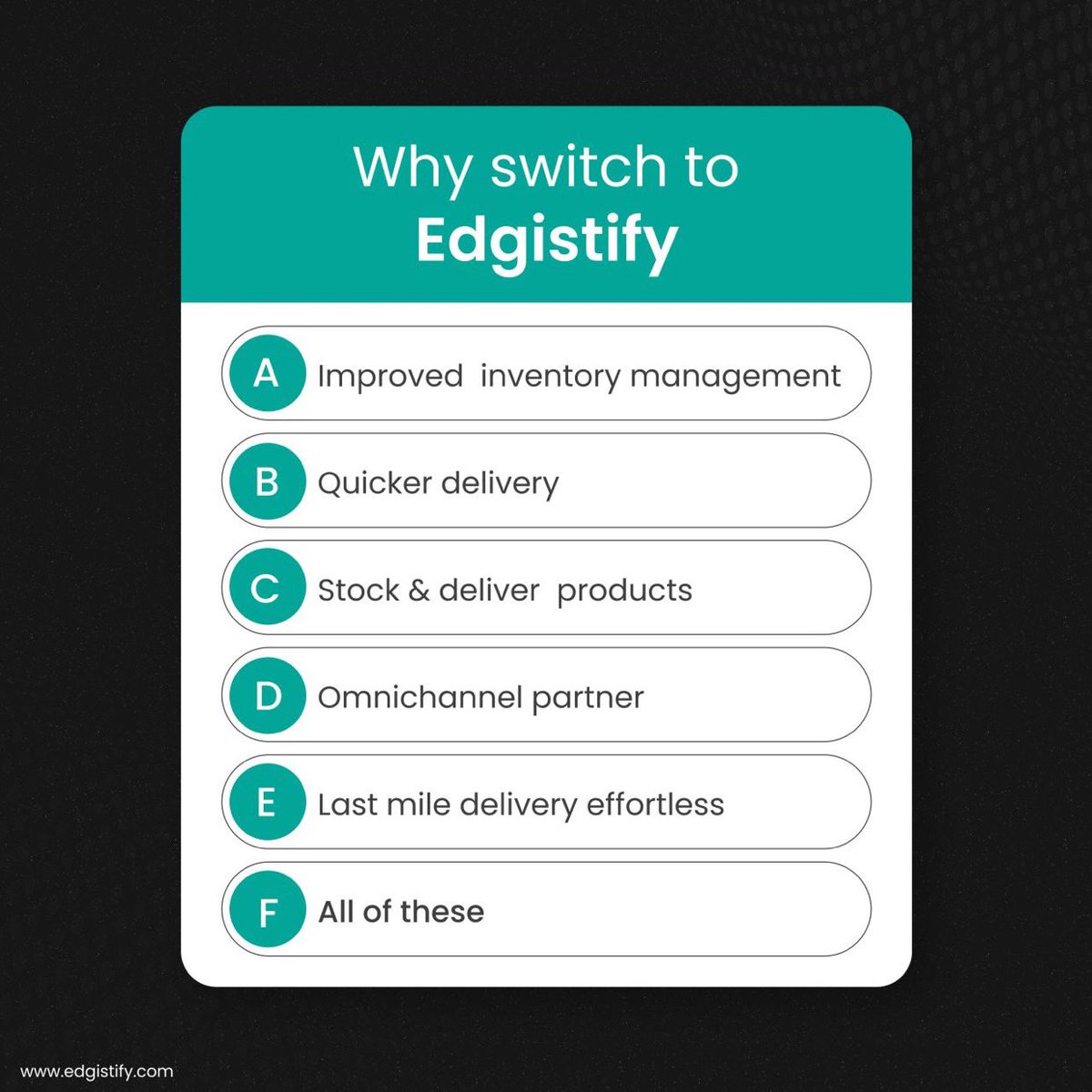 edgistify's tweet image. We help you to fulfill your orders within 24 hours. ✅

Connect with edgistify.com for rapid order fulfillment.

#Edgistify #darkstores #fulfillment #warehousing
#ecommerce #ecommercetips #samedaydelivery