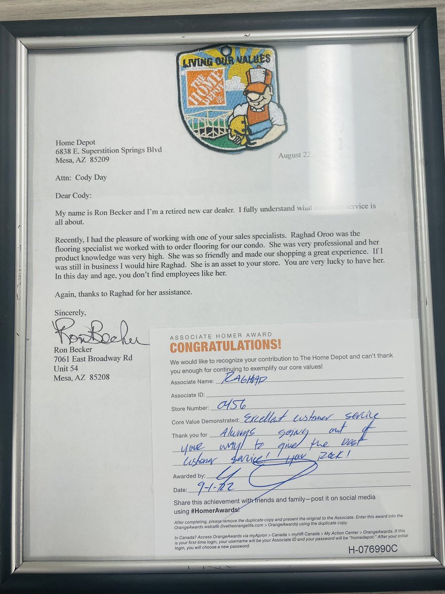Today I received a letter from a customer praising Raghad for the excellent customer service he received during a flooring install. Thank you for being amazing Raghad. You make a difference!