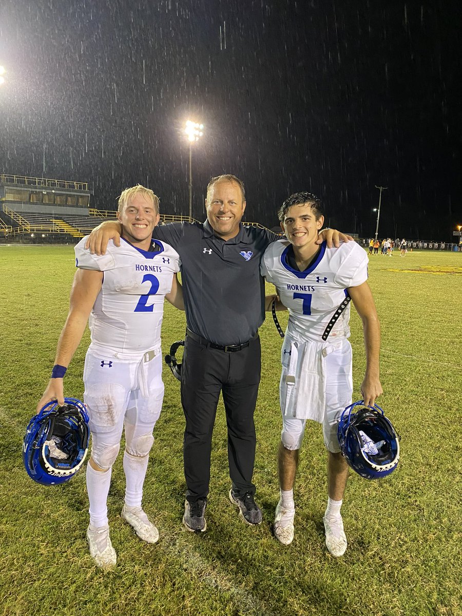 CoachFloydVHS's tweet photo. Big win tonight over the Jay Bulldogs in the rain. Might have had some Hornet records fall tonight. 45-14 #VinitaHornets https://t.co/ASpZvxBJLn