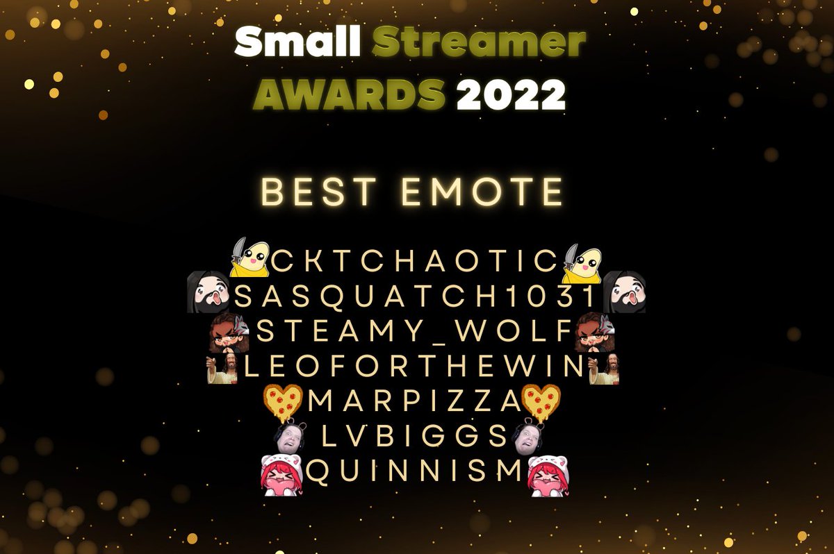 SStreamerAwards's tweet photo. Best Emote is now voteable at https://t.co/PjArU2TIi1 @cktchaotic @sasquatch1031 Steamy_Wolf @LeoForTheWinn @marpizza @TheLVBiggs @xquinnism #SSA2022 #VoteNow https://t.co/rHlxJoxbbM