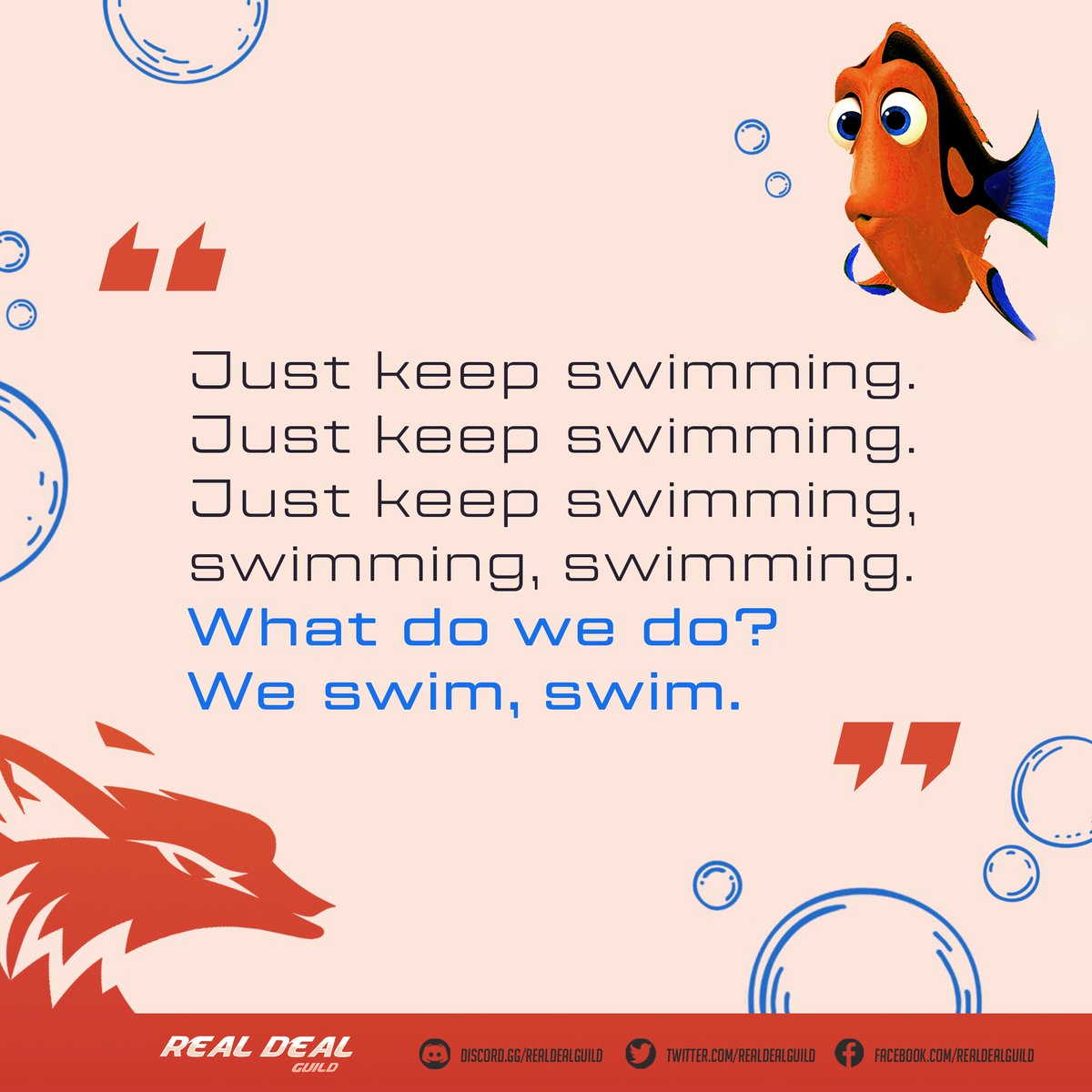 realdealguild's tweet photo. "Just keep swimming" is like how you're holding W when playing Valorant, which is to move forward. ๐คฃ Despite the heartaches ๐ during the bear market, we must look forward. Dwelling on the things we can't change will only drag us down. ๐
Just swim!๐
#BearTimes #RealDealGuild https://t.co/TkcwMQ9ocv