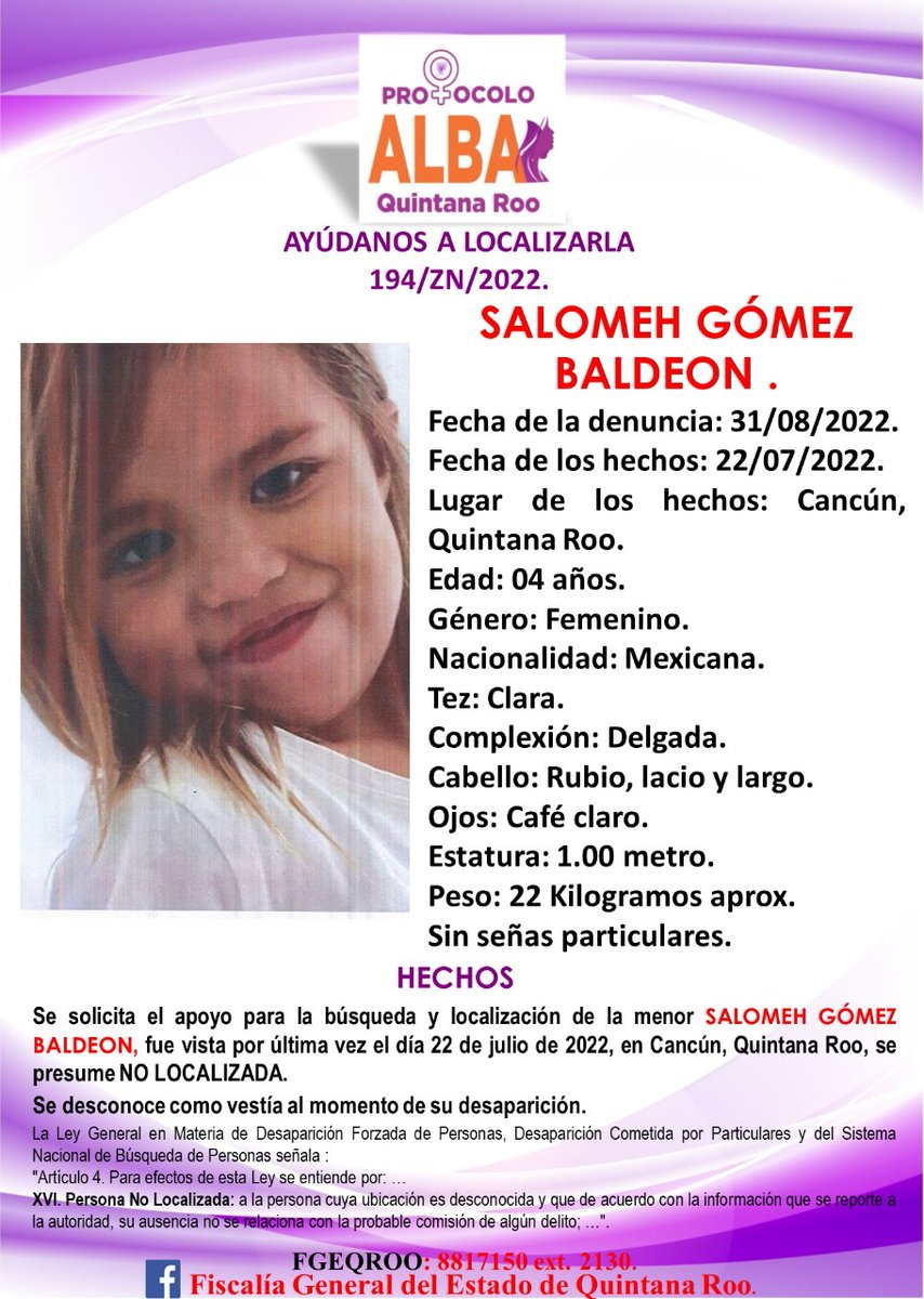 MonitorOnlineQR's tweet photo. #SeBusca a la niña Saloméh Gómez Baldeon, vista por última vez el 22 de julio, en #Cancún, #QuintanaRoo. Información sobre su paradero, al 998 881 7150 https://t.co/DwxJ8CbtQl