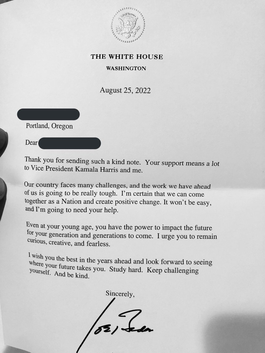 Our 6 yo told his friend that he will be running for President in 2052 (he worked out the math). His platform is everyone gets all the food they need and ending racism.

He was thrilled to find this letter waiting for him at home in response to a letter he sent <a href="/POTUS/">President Donald J. Trump</a> in June.