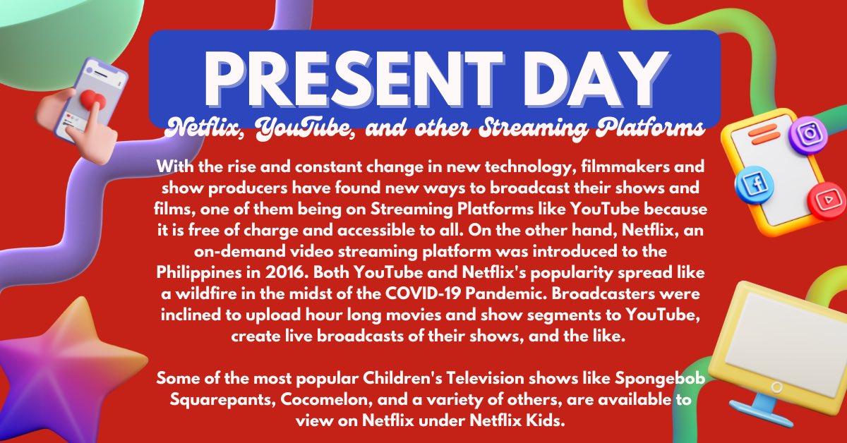KidSpot__'s tweet photo. Let’s get digital! 📺🍎✏️

Are you an avid user of streaming platforms such as Netflix, YouTube, or Disney+? Learn more about how these platforms took the world by storm to deliver accessible and diverse content on any device! 

#KidSpot
#PagbabalikBata
#BroadcastHistory
#CA3283 https://t.co/M9w5bYXjHL