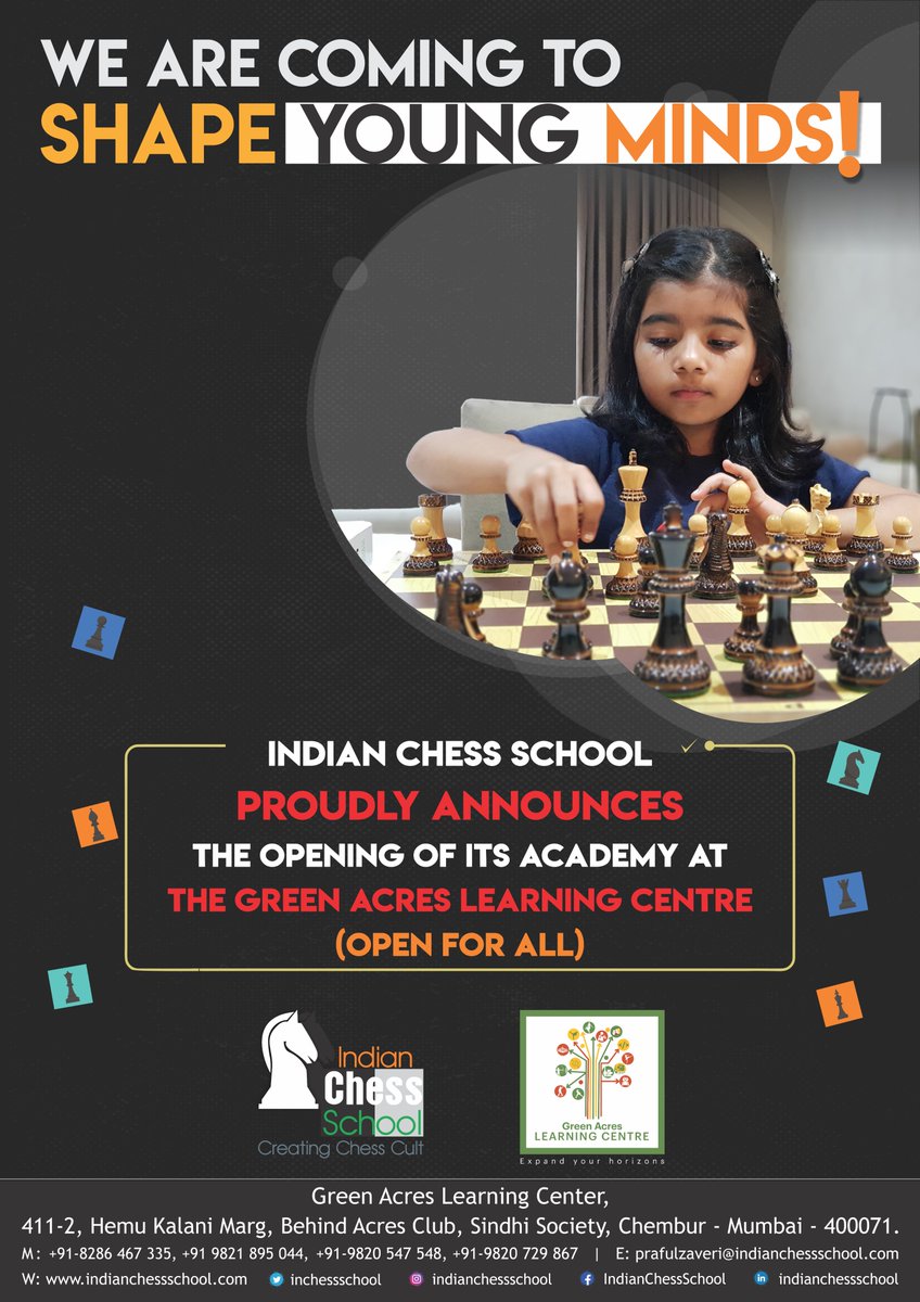 inchessschool's tweet image. Indian Chess School takes pleasure in announcing the opening of its academy at &apos;The Green Acres Academy&apos; - Chembur from September 01, 2022.

The facilities at TGAA is bound to create a huge impact in popularizing the game of chess in and around Chembur!