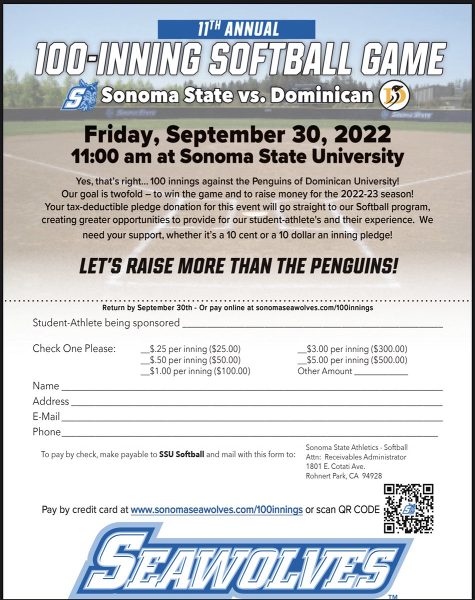It’s time to kick off our fall season with our 100 inning game!!! It’s been a rough couple years financially and we are hoping to make this our best year ever!!! If you can help us out- ANY amount is appreciated. Thanks in advance for all your support! sonomaseawolves.com/100innings
