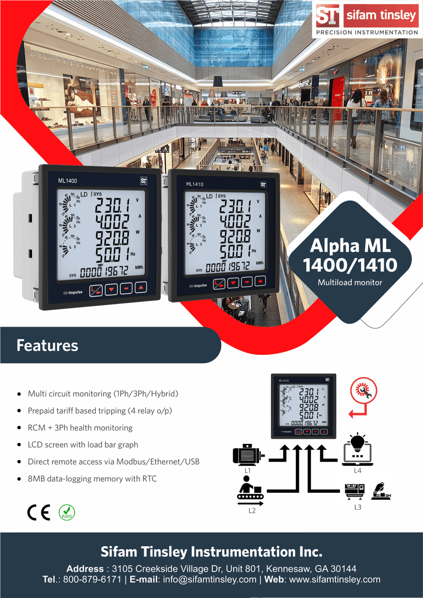 sifam_tinsley's tweet image. Alpha MLxx Multiload Monitor provides user with flexibility of monitoring all the parameters for multiple loads in a single device saving space, electric consumption and ensuring space and cost saving
#loadmeasurement #energymeasurement #sensors #loadmanager #multifunctionmeter