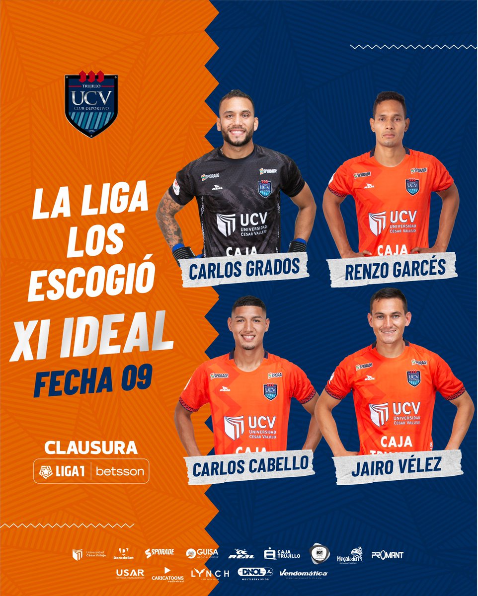 clubucv's tweet photo. 🏆 El “XI ideal de la Fecha 9” de @LigaFutProf
🧤 #CarlosGrados
⚽️ #RenzoGarcés
⚽️ #JairoVélez
⚽️ #CarlosCabello
#FuerzaVallejo
#UnSoloCorazón https://t.co/Wsf26d32pv