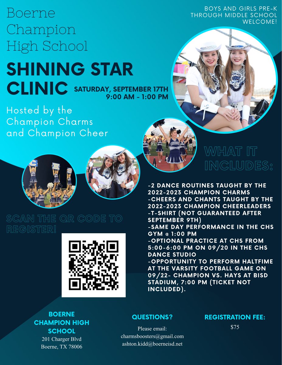 Champion Charms (@chs_charms) on Twitter photo Come join us at our Annual Shining Star Clinic βοΈ Sign up with the QR code! <a href="/BoerneFineArts/">BoerneFineArts</a> <a href="/SamChampionHS/">Samuel V. Champion High School</a> Come join us at our Annual Shining Star Clinic βοΈ Sign up with the QR code! <a href="/BoerneFineArts/">BoerneFineArts</a> <a href="/SamChampionHS/">Samuel V. Champion High School</a>
