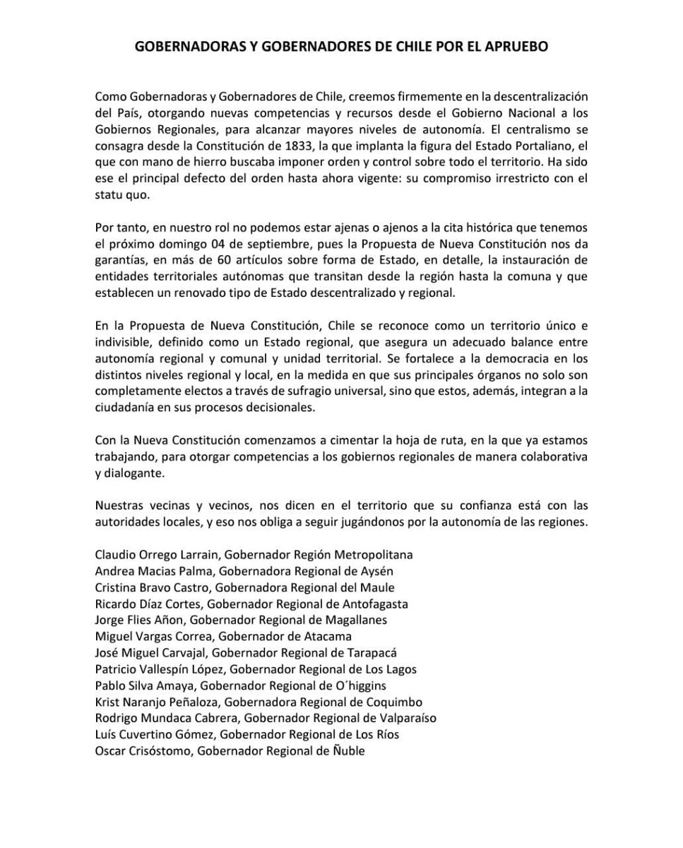 Declaración de Gobernadores y Gobernadoras de Chile por el #Apruebo de este 4 de septiembre.