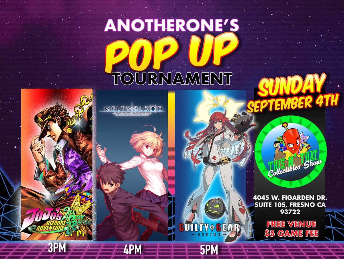 BlueShellESport's tweet image. THIS SUNDAY! We are hosting a pop up tournament at the brand new TnT Collectible store in Fresno CA! The best part is VENUE IS FREE!!!!! Just $5 for game fee. All info is on the graphic and the StartGG page

Pre reg here

start.gg/tournament/ano…
