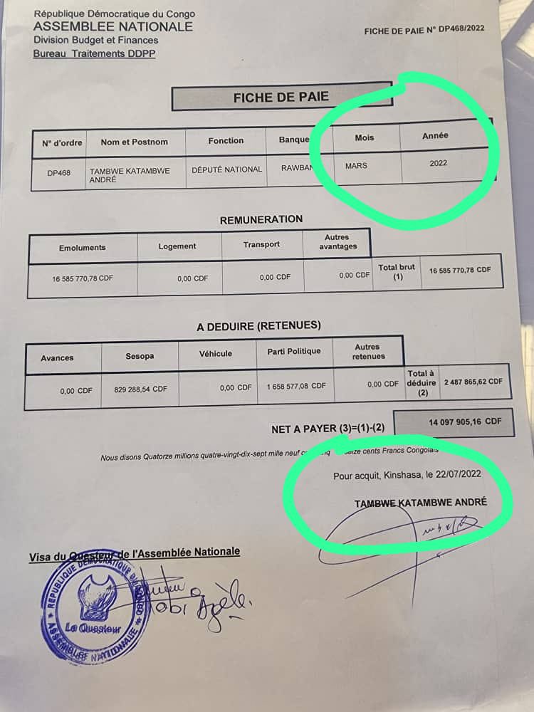 Mz_kattt's tweet photo. Na tuni hein… la prime de jeton de présence de 100$ est indiquée sous quelle rubrique dans cet étalon de paie svp? Donc ces gens, camouflent de postes qui passent en maboko banque dont les 1000$ de carburant remis aux députés de Félix, Mboso… @Tresorkiyombo  @ThierryKambundi https://t.co/5JXPIGHlJC
