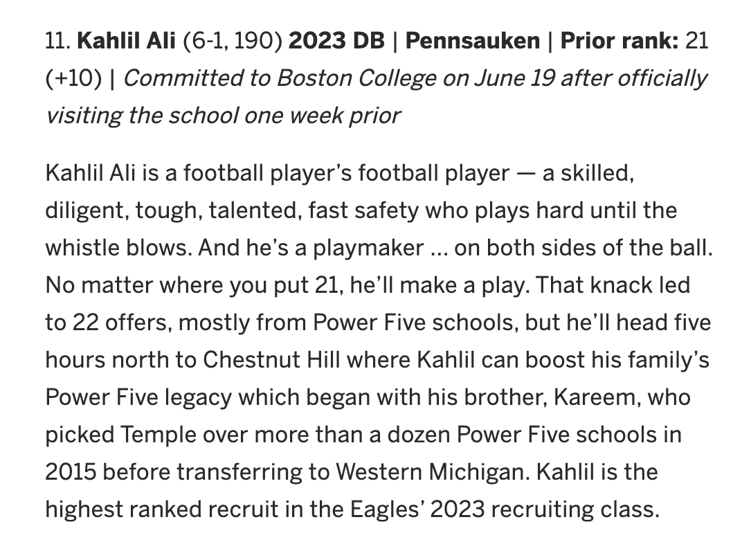 TodderickHunt's tweet photo. @kahlilali21 is a football player's football player, and that's why he made the new @njdotcom Top 50. Learn more about the #BostonCollege Eagles' most-highly ranked class of 2023 commit, below.

https://t.co/zAllJlXWVj

#NJDotComTop50Week https://t.co/dhb2T8JTS4