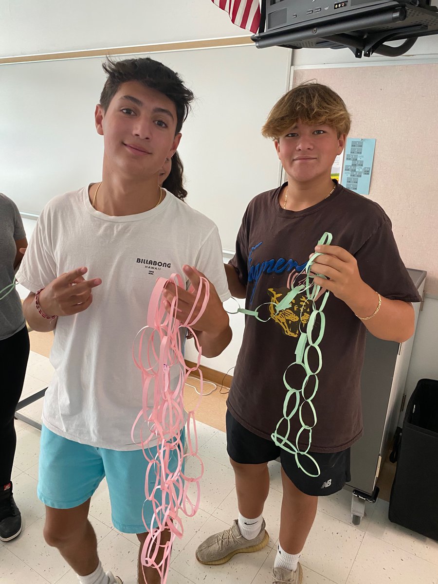 cusanoMATH's tweet photo. Happy first day back! What better way to practice group work expectations than with a STEM race? Groups where given 2 pieces of paper, 1 scissor, and 1 glue stick to build the longest paper chain in the given amount of time! @PWUFSD #cusanoMATH #iteachmath https://t.co/ZkVRwFcfYT