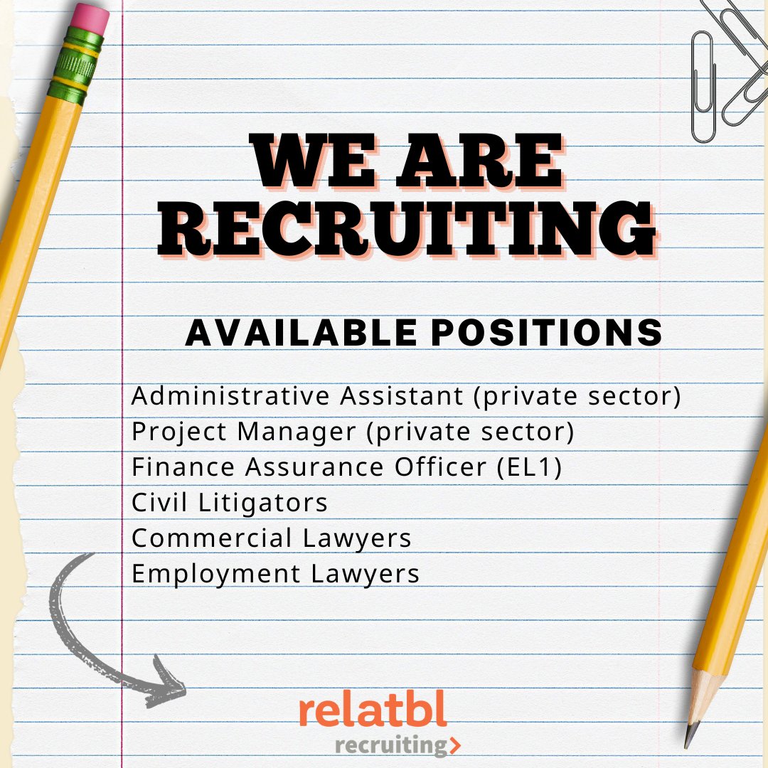 Relatbl1's tweet photo. We're recruiting:
#AdministrativeAssistants 
#ProjectManagers 
#FinanceAssuranceOfficer
#CivilLitigators #LitigationLawyers
#CommercialLawyers
#EmploymentLawyers

#Canberra based. Details: 
brydie.murphy@relatbl.com.au | (02) 5136 1298
deedee.allison@relatbl.com.au | 0459 985 117 https://t.co/TQVo04SEJA