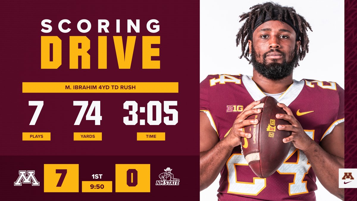 GopherFootball's tweet photo. Mo wasted absolutely no time getting back on the scoresheet! 

#Gophers 7-0 in the first! https://t.co/dBnSkDqT60