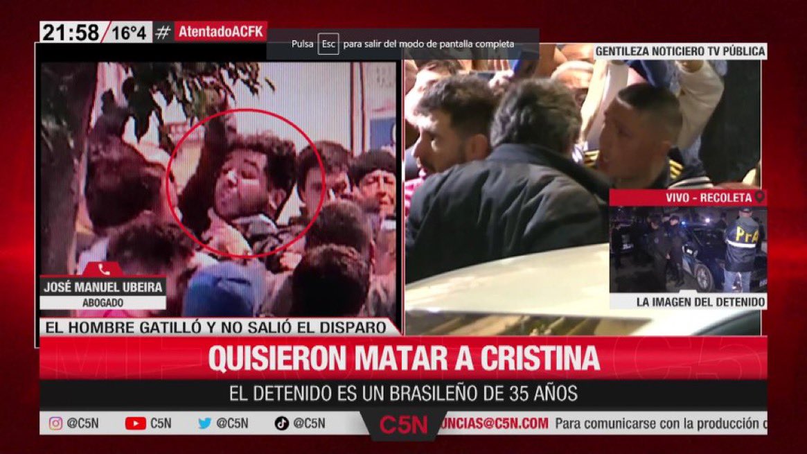 ⚡️ACTUALIZACIÓN⚡️ | El hombre que intentó matar a Cristina Fernández de Kirchner y fue detenido en flagrancia, es un brasileño de 35 años de nombre Fernando Sabag Montiel.