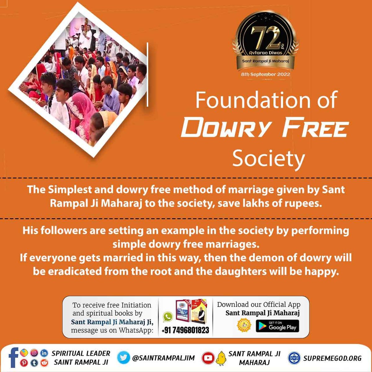 #પરોપકારી_સંતરામપાલજી
Thanks to Saint Rampal Ji Maharaj Ji for initiating with this trend of 17 minutes’ marriages. These marriages take place without exchange of a single penny or dowry.
- 6 Days Left For Avataran Diwas