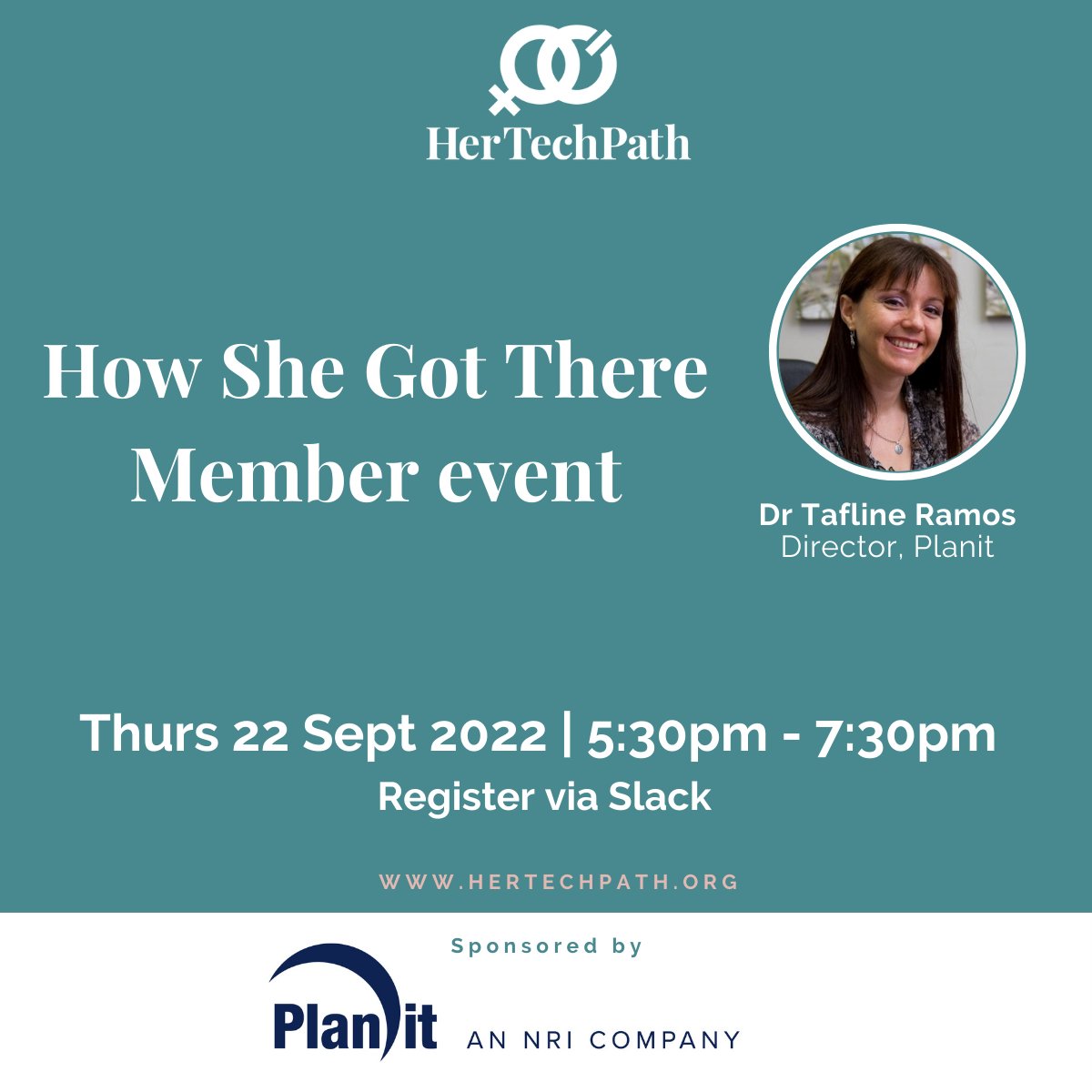 Register today in person (limited to 30) or online! 
Details on how to book in Slack or in your email. Thank you to PlanIT for your sponsoring the venue and in person catering and enabling online. We can't wait listen to Dr Tafline Ramos share how she got there with our members