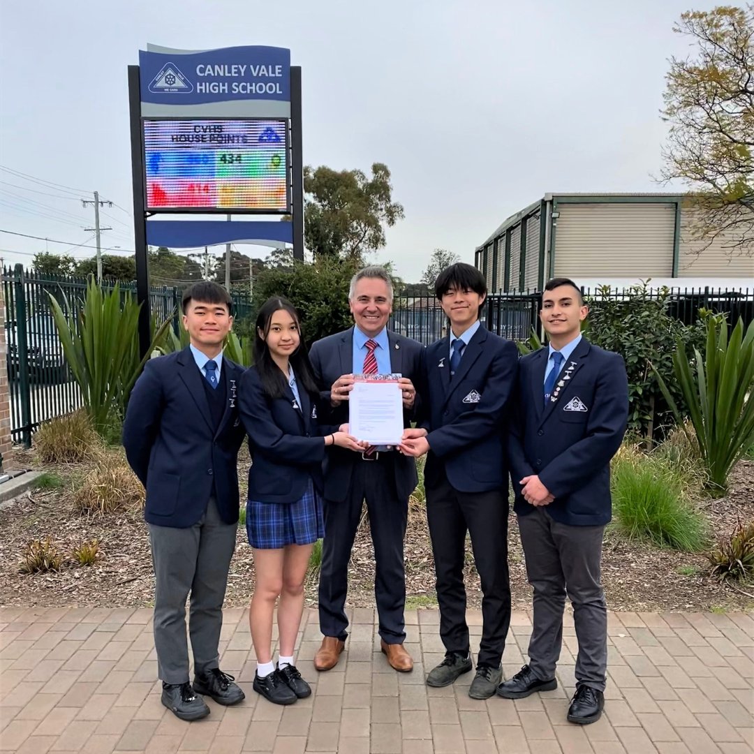 Canley Vale High School (@canleyvalehs) on Twitter photo The State Member for Fairfield MP, <a href="/GuyZangariMP/">Guy Zangari KHS</a> presented our School Captains with letters of congratulations to all Year 12 students for achieving the milestone of completing Year 12.
@DeborahSantucci <a href="/lisaporter555/">Lisa Porter</a> <a href="/NSWEducation/">NSW Dept of Education</a>
#LoveWhereYouLearn The State Member for Fairfield MP, <a href="/GuyZangariMP/">Guy Zangari KHS</a> presented our School Captains with letters of congratulations to all Year 12 students for achieving the milestone of completing Year 12.
@DeborahSantucci <a href="/lisaporter555/">Lisa Porter</a> <a href="/NSWEducation/">NSW Dept of Education</a>
#LoveWhereYouLearn