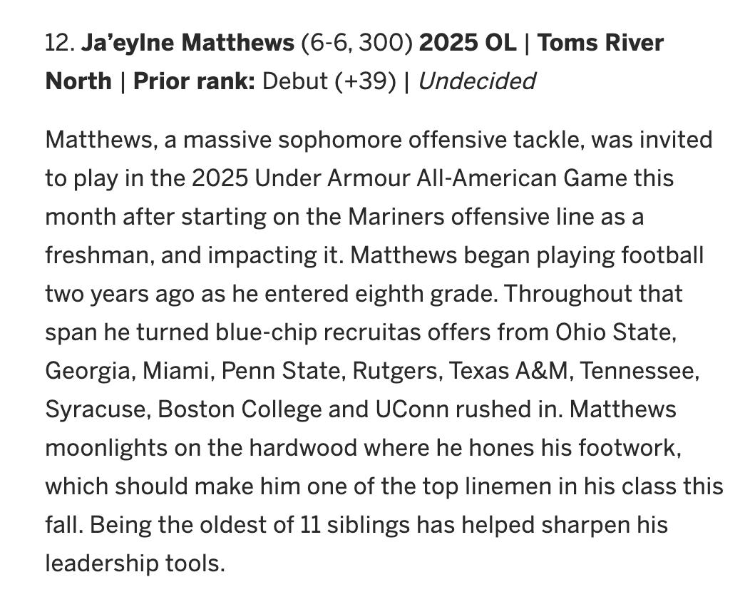 TodderickHunt's tweet photo. This youngster from Toms River North (@JaelyneMatthew3) is on the verge of becoming one of the top linemen in the country coming off his invitation to the 2025 Under Armour All-American game.

https://t.co/zAllJlXWVj

#NJDotComTop50Week https://t.co/8Vb2axSTum
