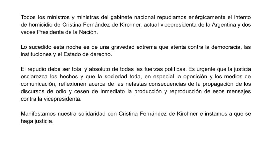 Comunicado de todos los ministros y ministras del gabinete nacional