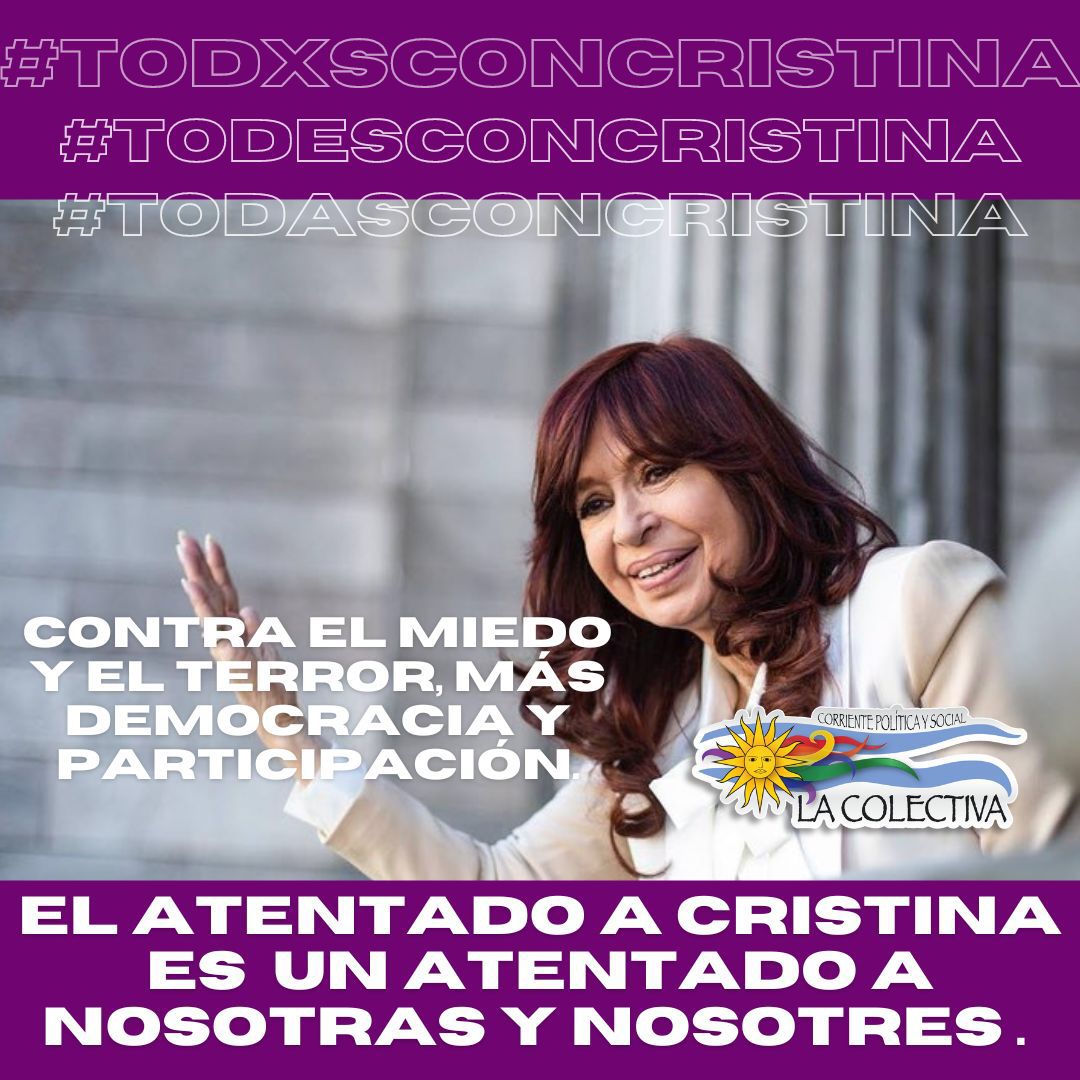 NO PASARÁN. FUERZA CRISTINA. 
Todos los sectores políticos democráticos de este país deben condenar este atentado contra Cristina. Contra el miedo y el terror, más democracia y participación. 

#NuncaMas #Todxsconcristina
#SiTocanACristina